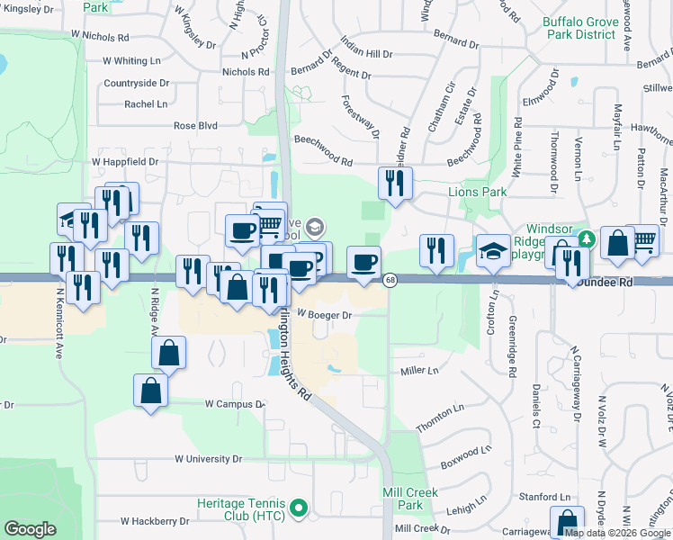 map of restaurants, bars, coffee shops, grocery stores, and more near 1100 West Dundee Road in Buffalo Grove