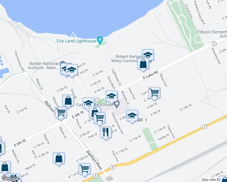 map of restaurants, bars, coffee shops, grocery stores, and more near 1144 East Lake Road in Erie