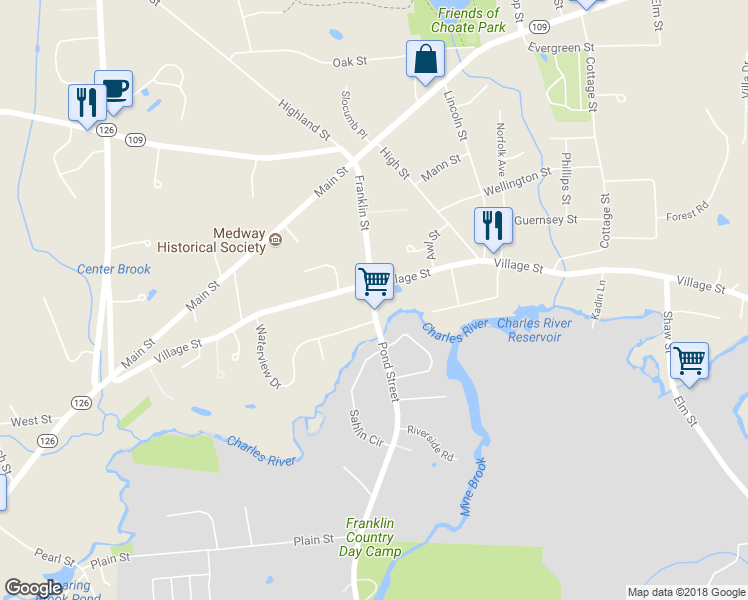 map of restaurants, bars, coffee shops, grocery stores, and more near 4 Franklin Street in Medway