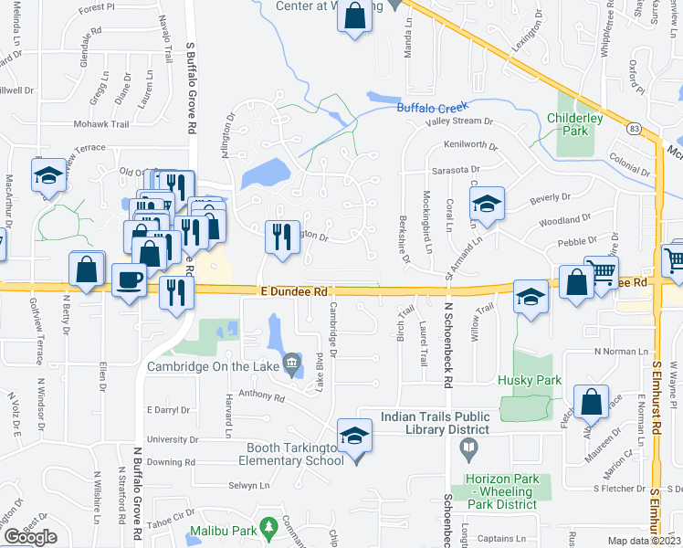 map of restaurants, bars, coffee shops, grocery stores, and more near 350 East Dundee Road in Buffalo Grove