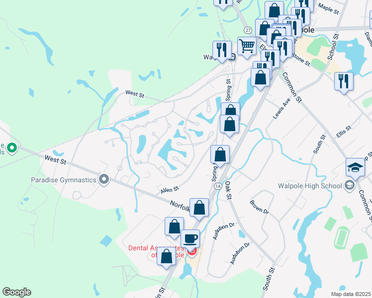 map of restaurants, bars, coffee shops, grocery stores, and more near 24 Teal Circle in Walpole