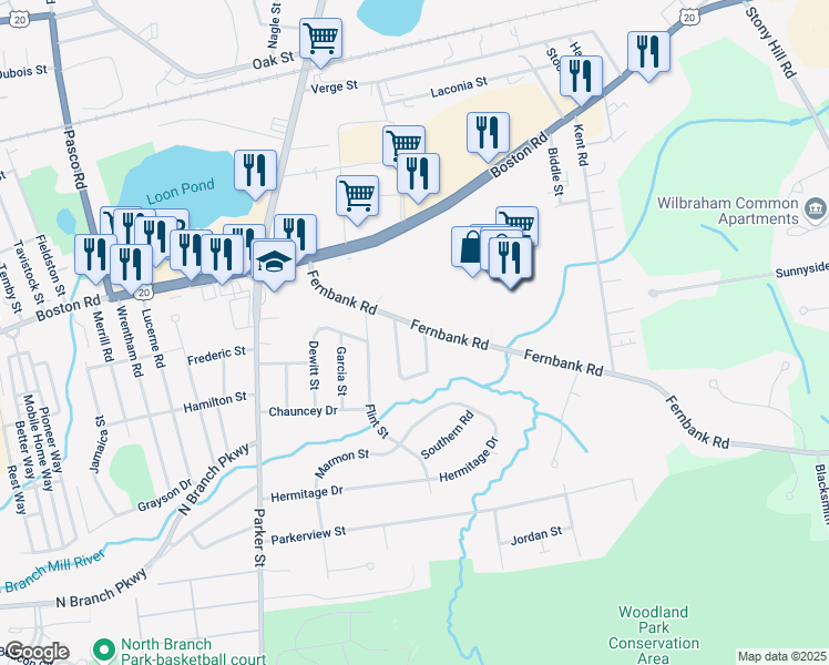 map of restaurants, bars, coffee shops, grocery stores, and more near 149 Fernbank Road in Springfield