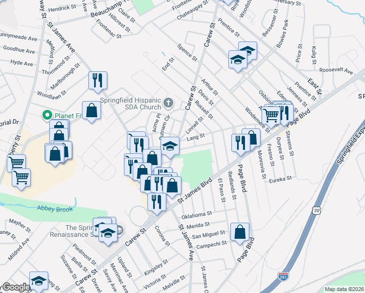 map of restaurants, bars, coffee shops, grocery stores, and more near 36 Notre Dame Street in Springfield