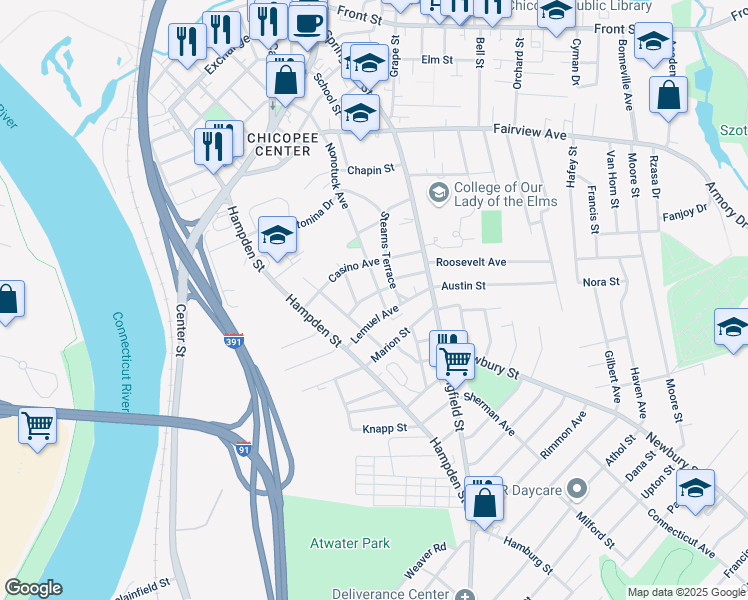 map of restaurants, bars, coffee shops, grocery stores, and more near 246 Nonotuck Avenue in Chicopee