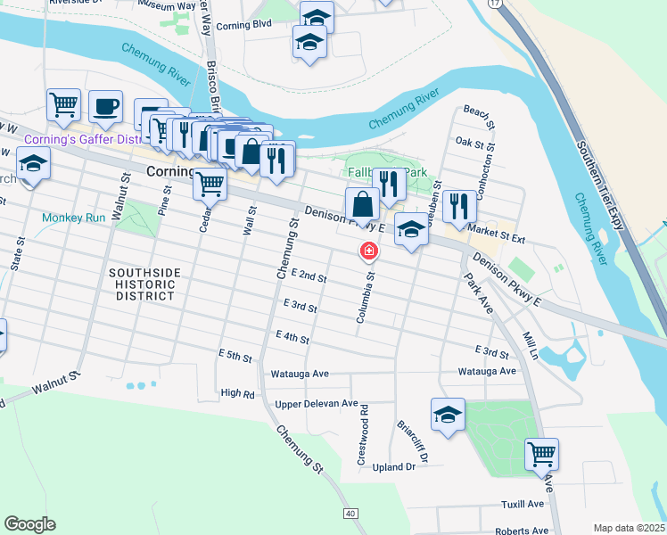 map of restaurants, bars, coffee shops, grocery stores, and more near 163 Pearl Street in Corning