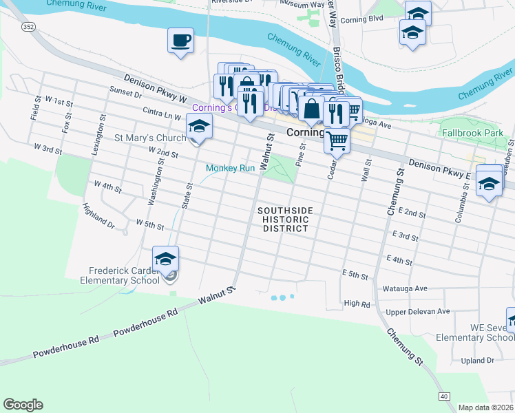 map of restaurants, bars, coffee shops, grocery stores, and more near 199 Walnut Street in Corning