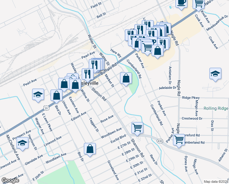 map of restaurants, bars, coffee shops, grocery stores, and more near 3415 Fremont Street in Erie