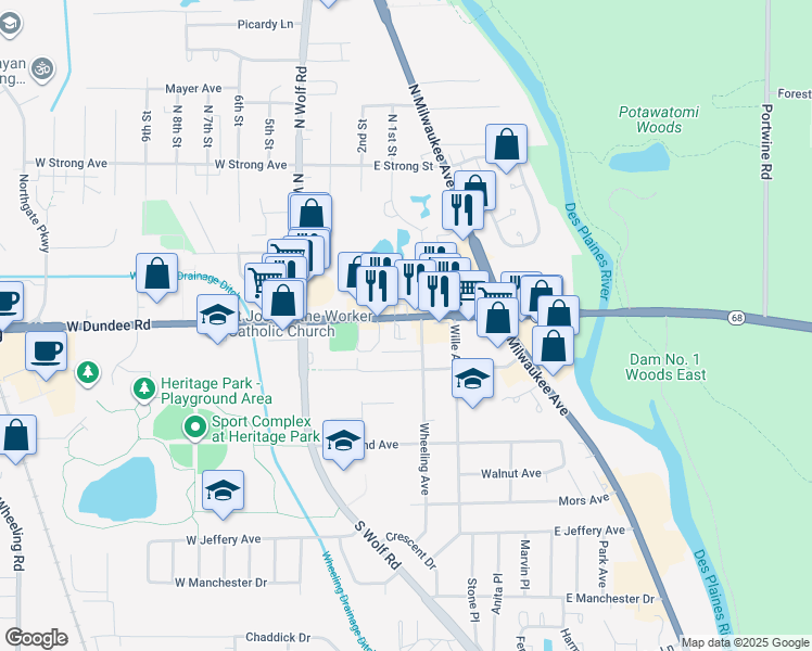 map of restaurants, bars, coffee shops, grocery stores, and more near 190 Arbor Court in Wheeling