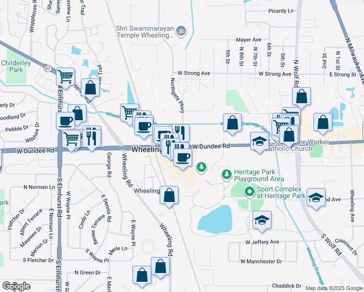 map of restaurants, bars, coffee shops, grocery stores, and more near 410 West Dundee Road in Wheeling