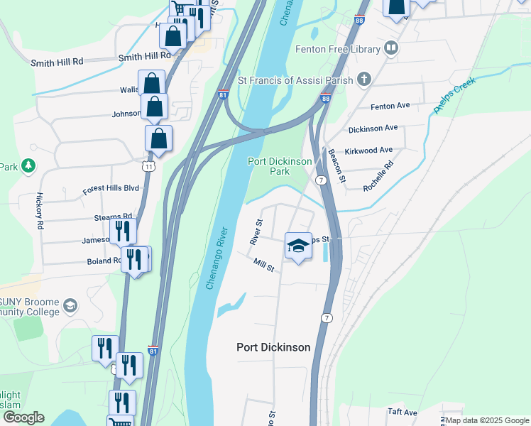 map of restaurants, bars, coffee shops, grocery stores, and more near 28 River Street in Binghamton