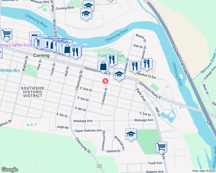 map of restaurants, bars, coffee shops, grocery stores, and more near 258 East 1st Street in Corning