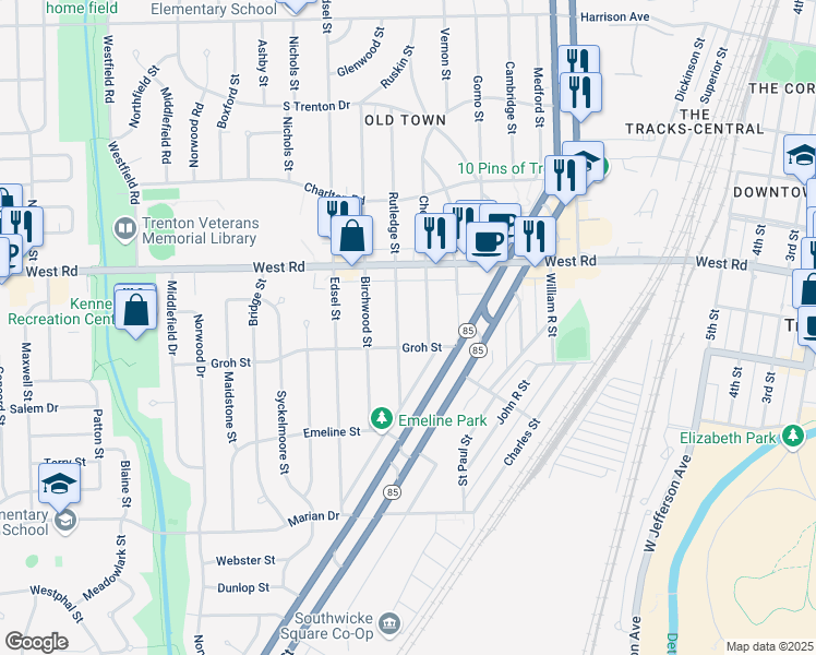 map of restaurants, bars, coffee shops, grocery stores, and more near 2961 Parkwood Street in Trenton