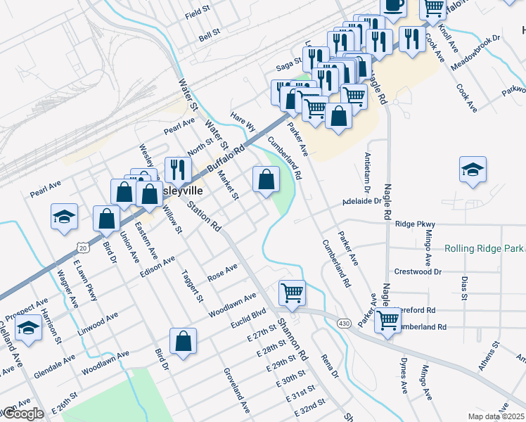 map of restaurants, bars, coffee shops, grocery stores, and more near 2212 Water Street in Erie