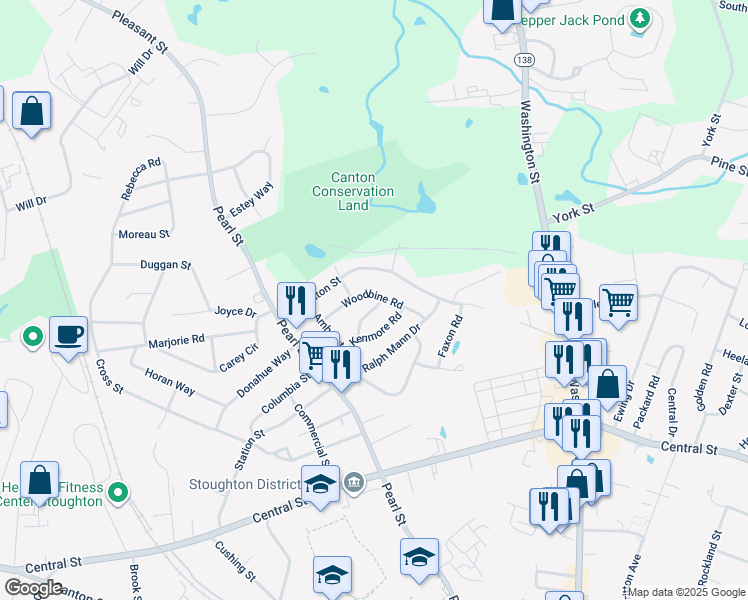 map of restaurants, bars, coffee shops, grocery stores, and more near 67 Woodbine Road in Stoughton