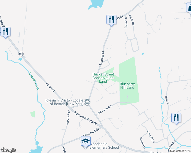 map of restaurants, bars, coffee shops, grocery stores, and more near 118 Thicket Street in Abington