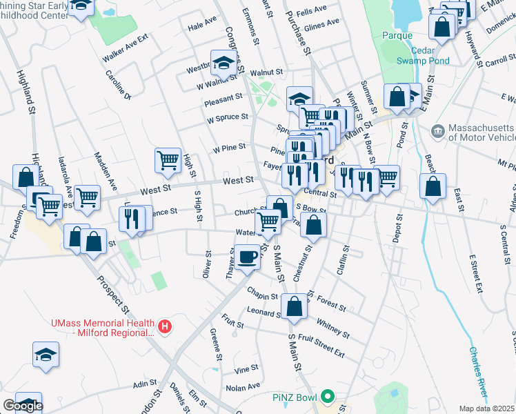 map of restaurants, bars, coffee shops, grocery stores, and more near 9 Church Street in Milford