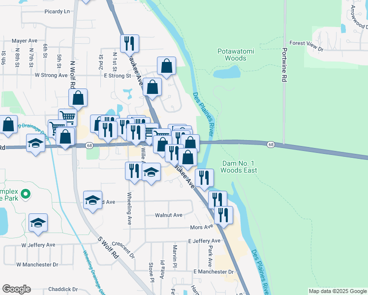 map of restaurants, bars, coffee shops, grocery stores, and more near 395 East Dundee Road in Wheeling