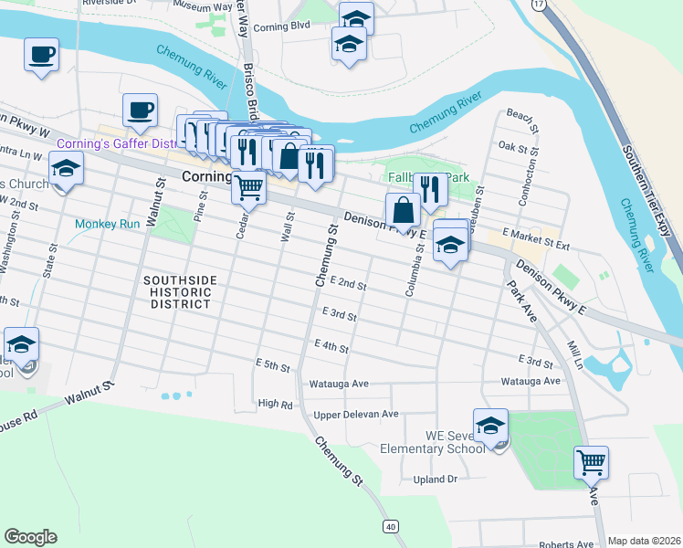 map of restaurants, bars, coffee shops, grocery stores, and more near 169 East 2nd Street in Corning