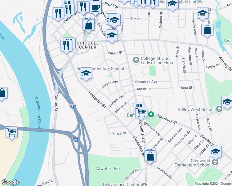 map of restaurants, bars, coffee shops, grocery stores, and more near 246 Nonotuck Avenue in Chicopee