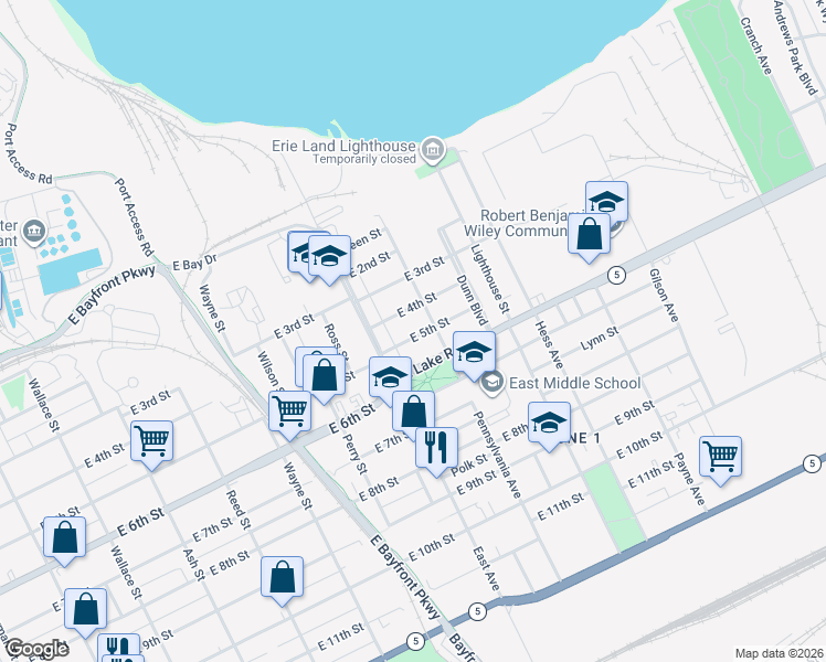 map of restaurants, bars, coffee shops, grocery stores, and more near 1034 East 5th Street in Erie
