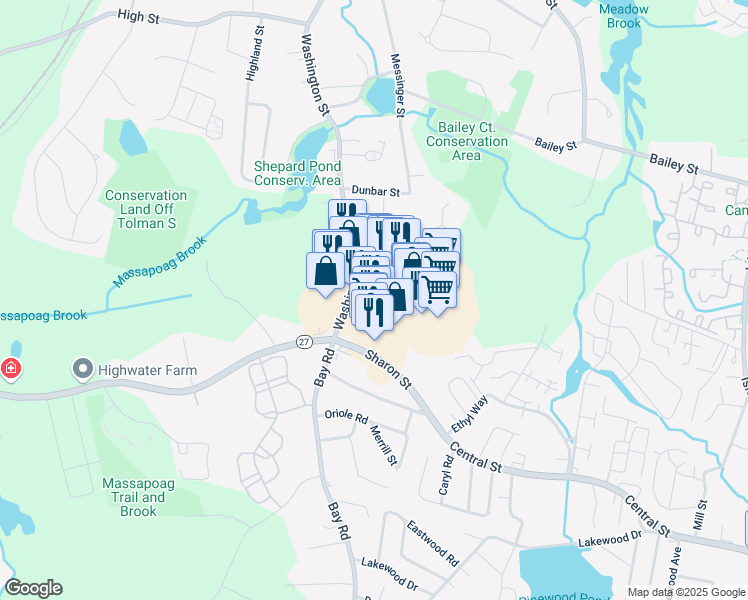map of restaurants, bars, coffee shops, grocery stores, and more near 35 Washington Street in Canton