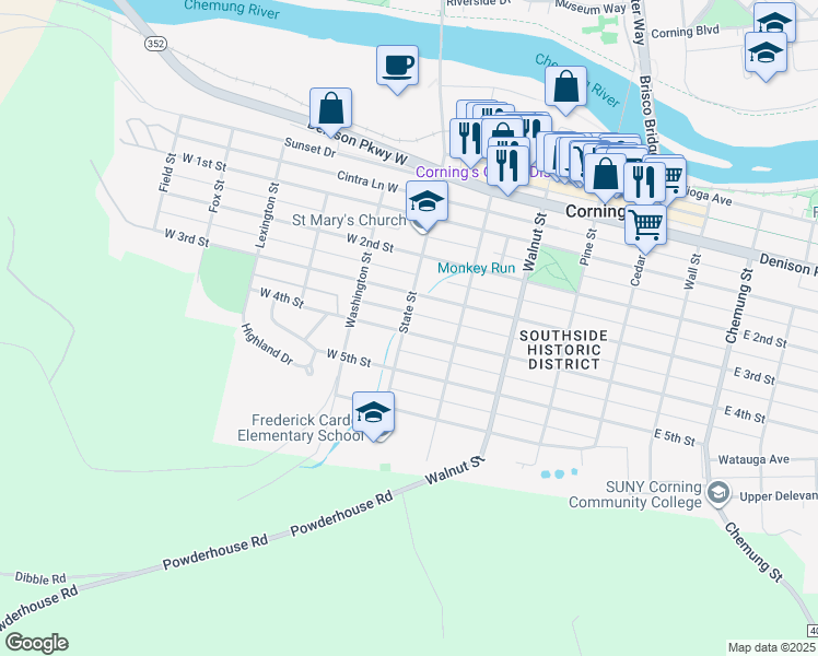 map of restaurants, bars, coffee shops, grocery stores, and more near 147 West 4th Street in Corning
