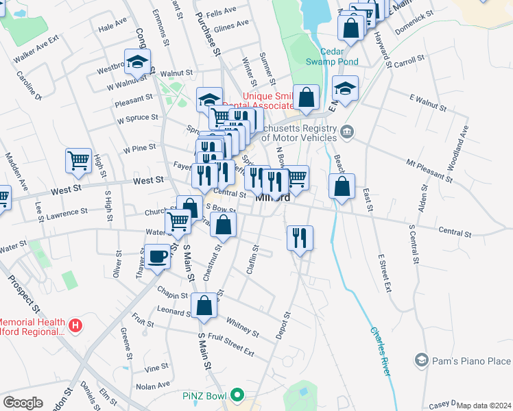 map of restaurants, bars, coffee shops, grocery stores, and more near 22 Bragg Slip in Milford