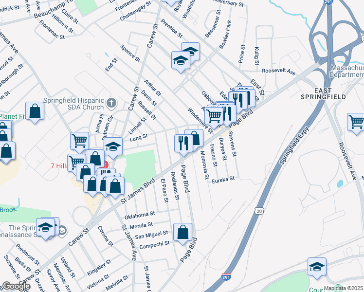 map of restaurants, bars, coffee shops, grocery stores, and more near 33 Haumont Terrace in Springfield