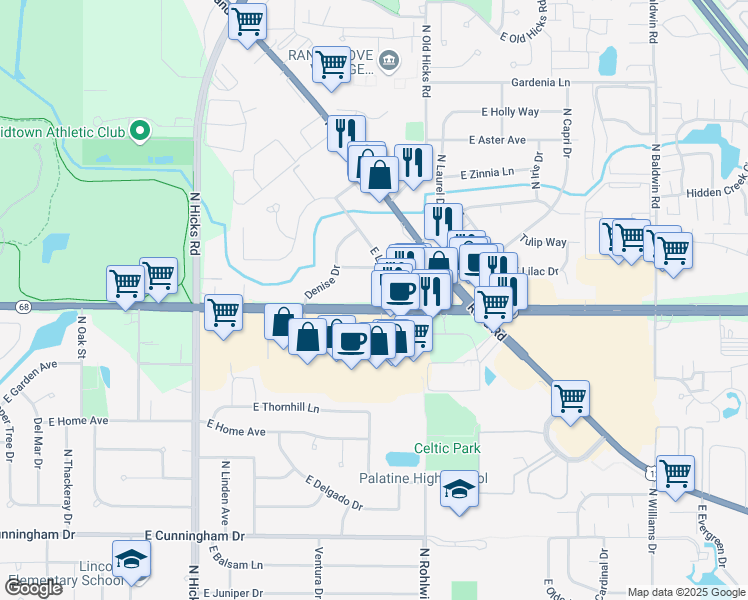 map of restaurants, bars, coffee shops, grocery stores, and more near 704 East Dundee Road in Palatine