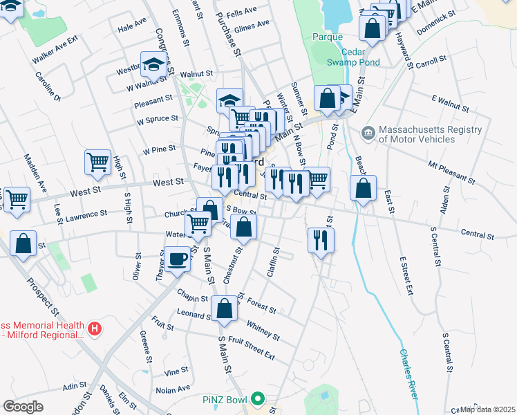 map of restaurants, bars, coffee shops, grocery stores, and more near 10 Baker Slip in Milford