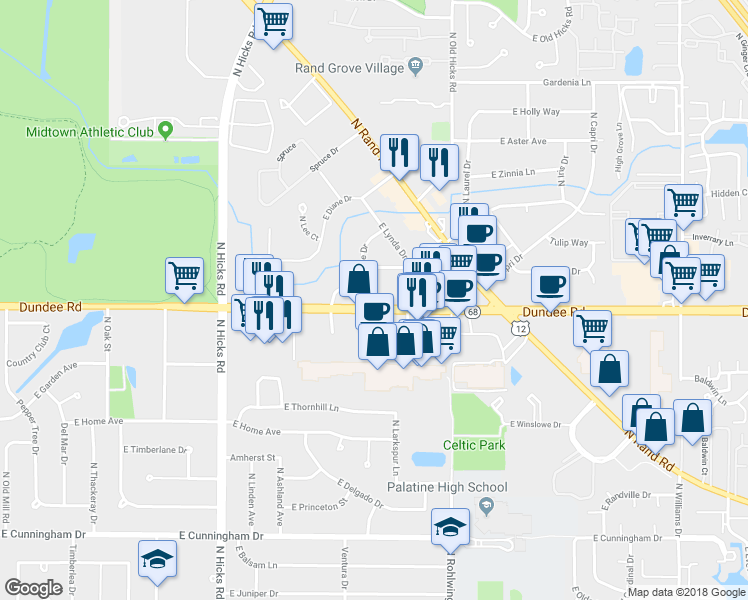 map of restaurants, bars, coffee shops, grocery stores, and more near 658 East Dundee Road in Palatine