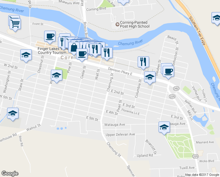 map of restaurants, bars, coffee shops, grocery stores, and more near 155 East 2nd Street in Corning