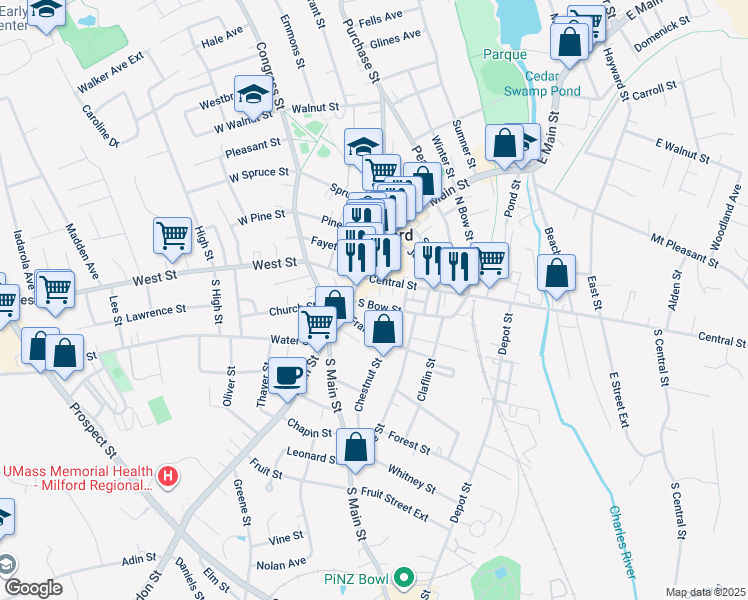 map of restaurants, bars, coffee shops, grocery stores, and more near 20 South Bow Street in Milford