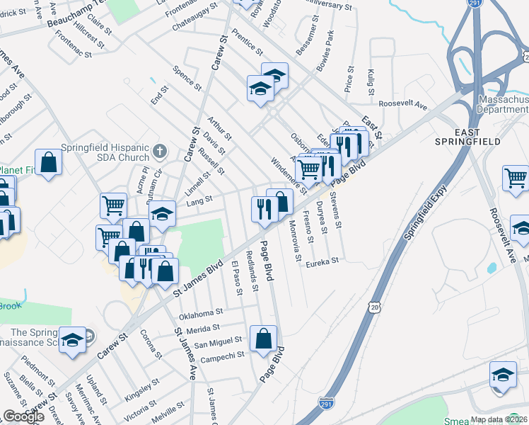 map of restaurants, bars, coffee shops, grocery stores, and more near 33 Haumont Terrace in Springfield