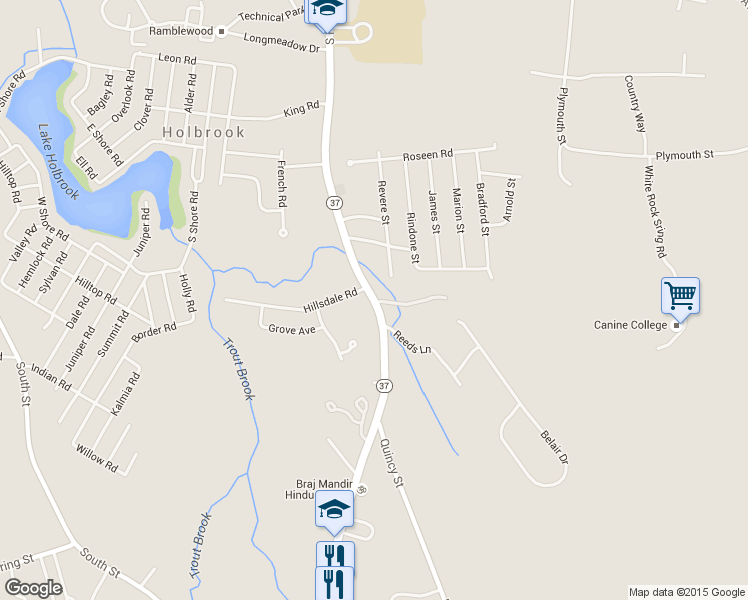 map of restaurants, bars, coffee shops, grocery stores, and more near 488 South Franklin Street in Holbrook