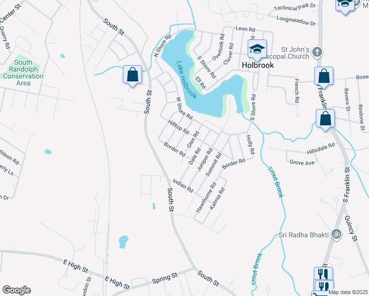 map of restaurants, bars, coffee shops, grocery stores, and more near 39 Glen Road in Holbrook