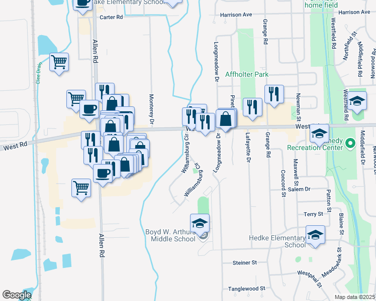 map of restaurants, bars, coffee shops, grocery stores, and more near 23156 Williamsburg Circle in Woodhaven