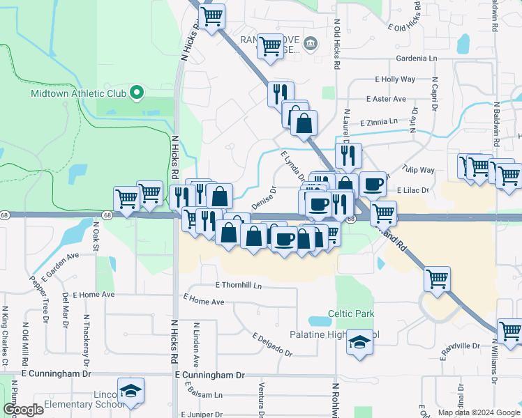 map of restaurants, bars, coffee shops, grocery stores, and more near 1635 North Denise Avenue in Palatine