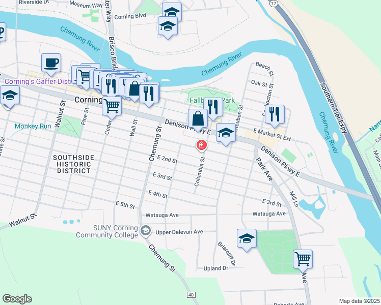 map of restaurants, bars, coffee shops, grocery stores, and more near 218 East 1st Street in Corning