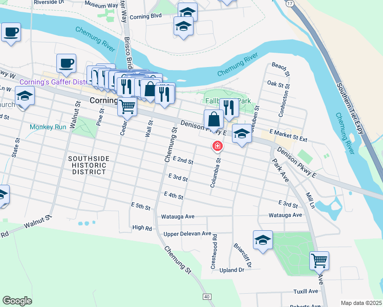 map of restaurants, bars, coffee shops, grocery stores, and more near 163 Pearl Street in Corning