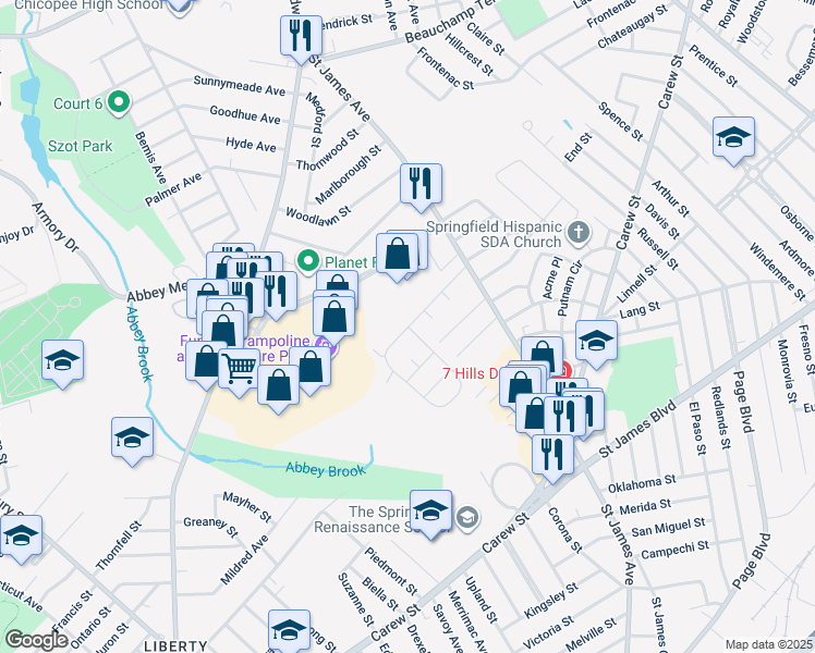 map of restaurants, bars, coffee shops, grocery stores, and more near 106 Naismith Street in Springfield