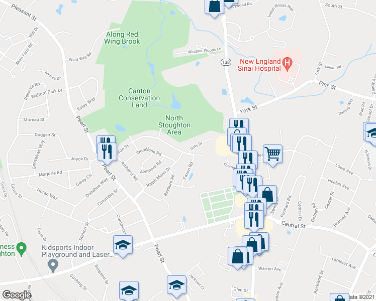 map of restaurants, bars, coffee shops, grocery stores, and more near 212 Stoughton Street in Stoughton