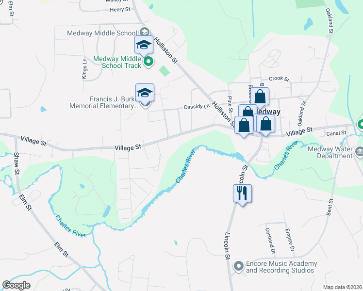 map of restaurants, bars, coffee shops, grocery stores, and more near 215 Village Street in Medway