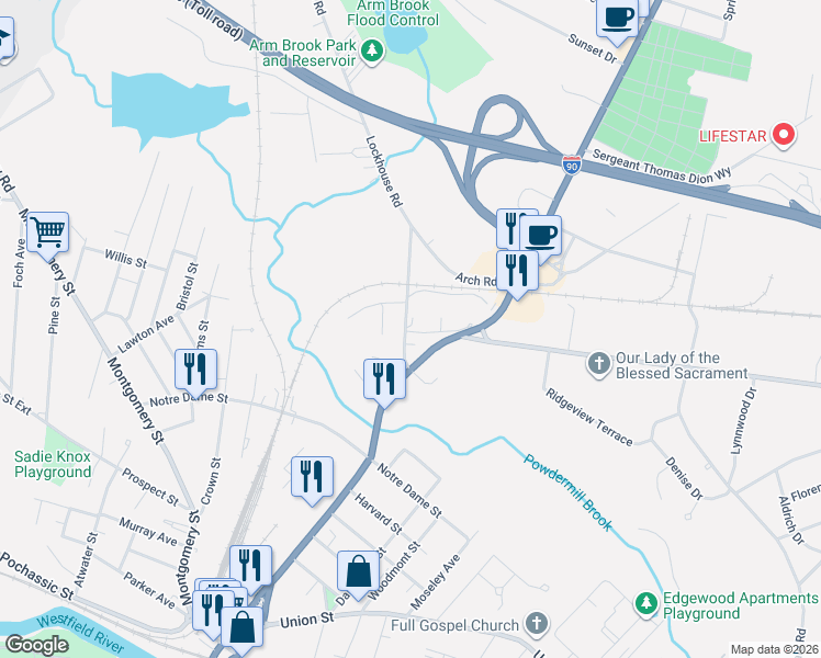 map of restaurants, bars, coffee shops, grocery stores, and more near 19 Lockhouse Road in Westfield