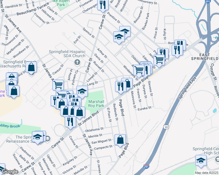 map of restaurants, bars, coffee shops, grocery stores, and more near 264 Redlands Street in Springfield
