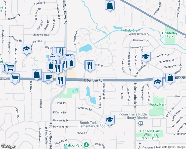 map of restaurants, bars, coffee shops, grocery stores, and more near 11 Huntington Lane in Wheeling