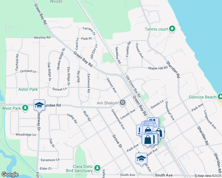 map of restaurants, bars, coffee shops, grocery stores, and more near 366 Sunset Lane in Glencoe