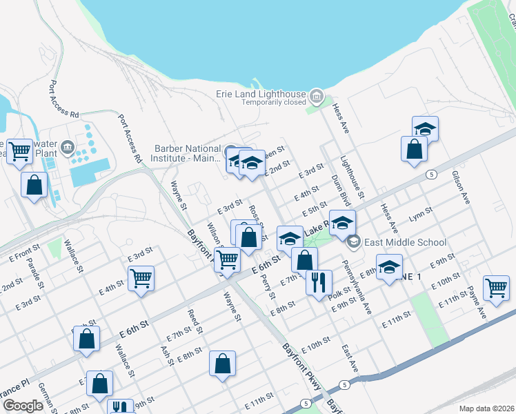map of restaurants, bars, coffee shops, grocery stores, and more near 325 Ross Street in Erie