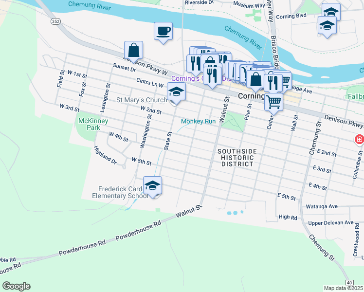 map of restaurants, bars, coffee shops, grocery stores, and more near 115 West 4th Street in Corning