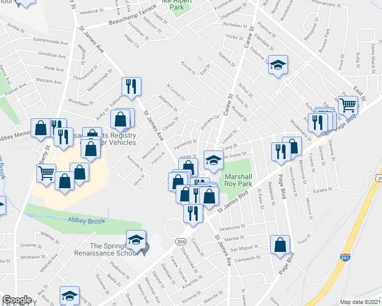 map of restaurants, bars, coffee shops, grocery stores, and more near 36 Ames Street in Springfield